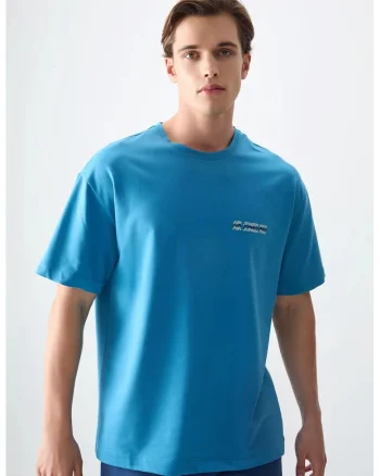 Tricou  oversized, bumbac imprimat, albastru cerulean