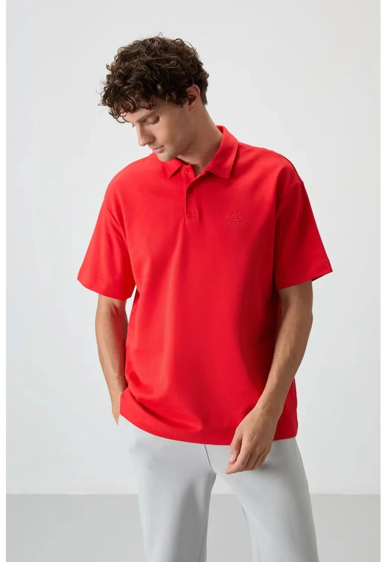 Tricou Polo Oversized  rosu, bumbac-poliester, guler cu nasturi, pentru barbati