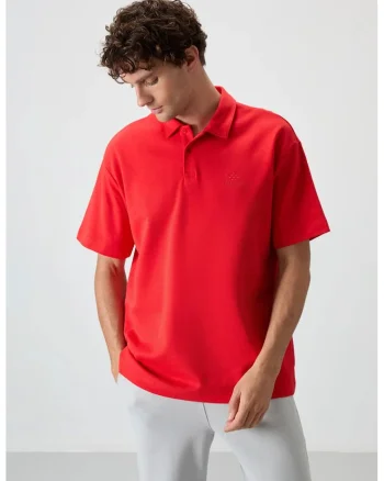 Tricou Polo Oversized  rosu, bumbac-poliester, guler cu nasturi, pentru barbati