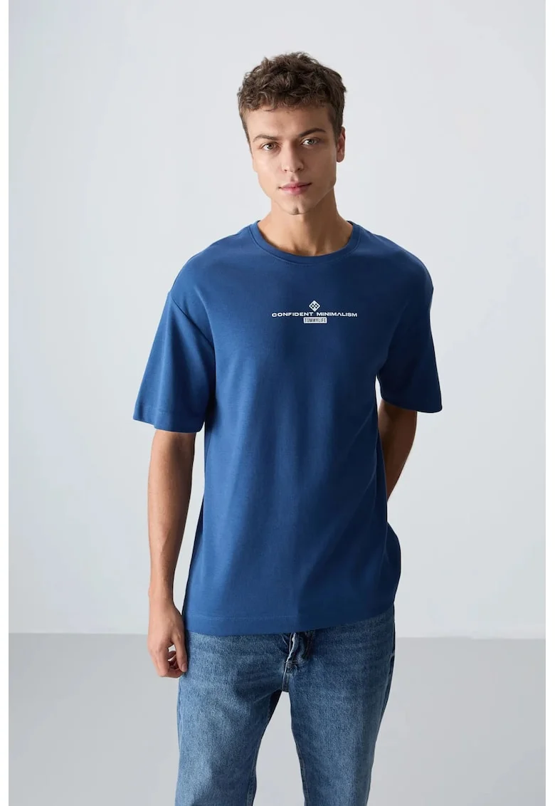 Tricou supradimensionat  bumbac si poliester, imprimeu pe fata si spate, Moroccan Blue