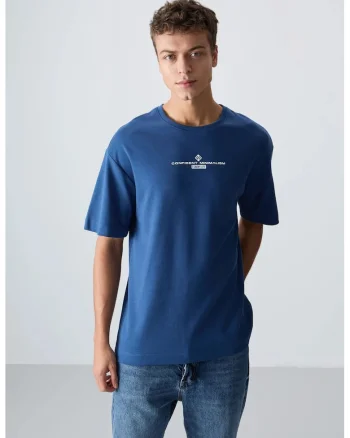 Tricou supradimensionat  bumbac si poliester, imprimeu pe fata si spate, Moroccan Blue