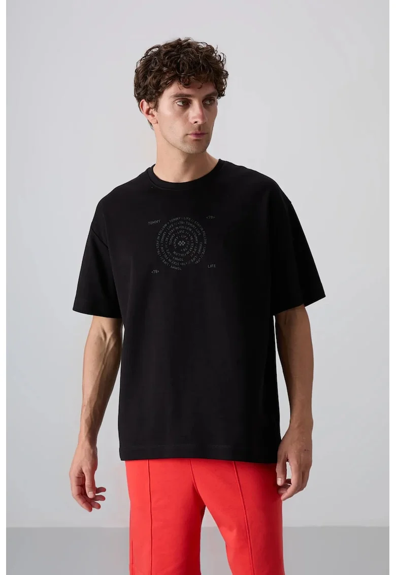 Tricou  supradimensionat, broderie, negru, amestec de bumbac