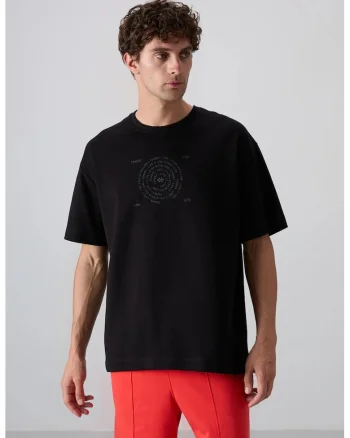 Tricou  supradimensionat, broderie, negru, amestec de bumbac
