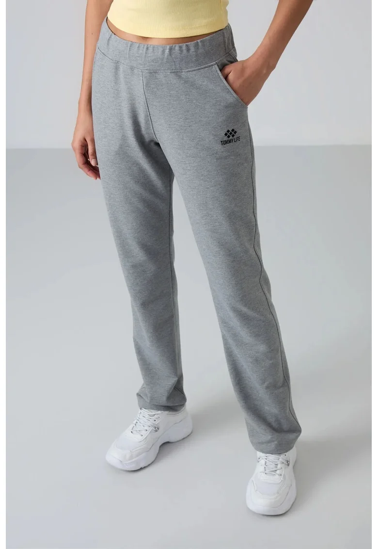 Pantaloni de trening,  talie inalta, picior drept, gri, bumbac-poliester-elastan