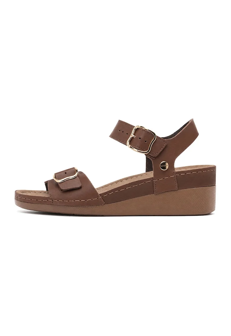 Sandale din piele cu talpa wedge, Maro