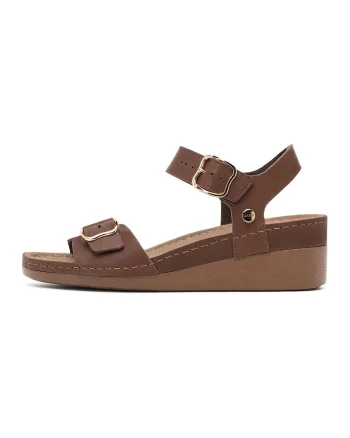 Sandale din piele cu talpa wedge, Maro