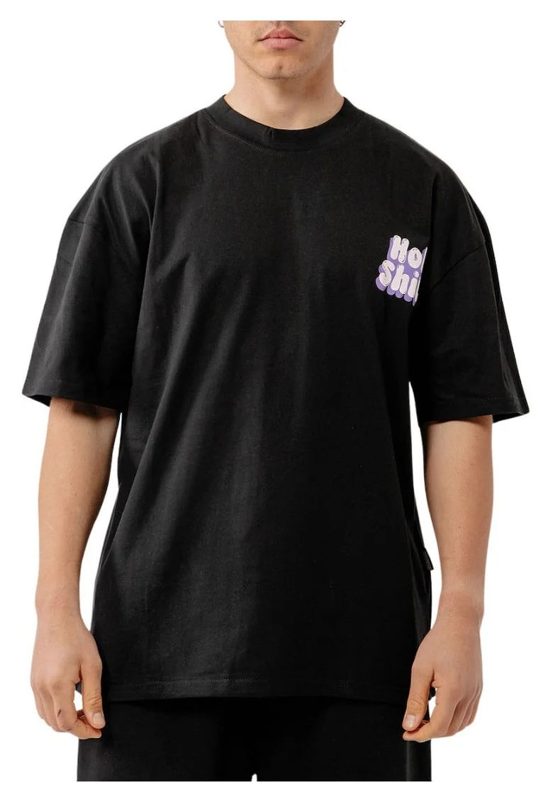 Tricou cu imprimeu grafic si croiala supradimensionata, Negru/Violet