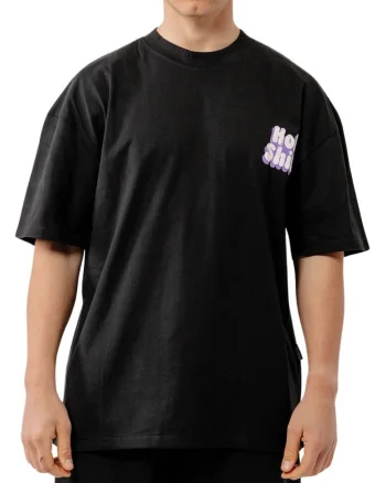 Tricou cu imprimeu grafic si croiala supradimensionata, Negru/Violet