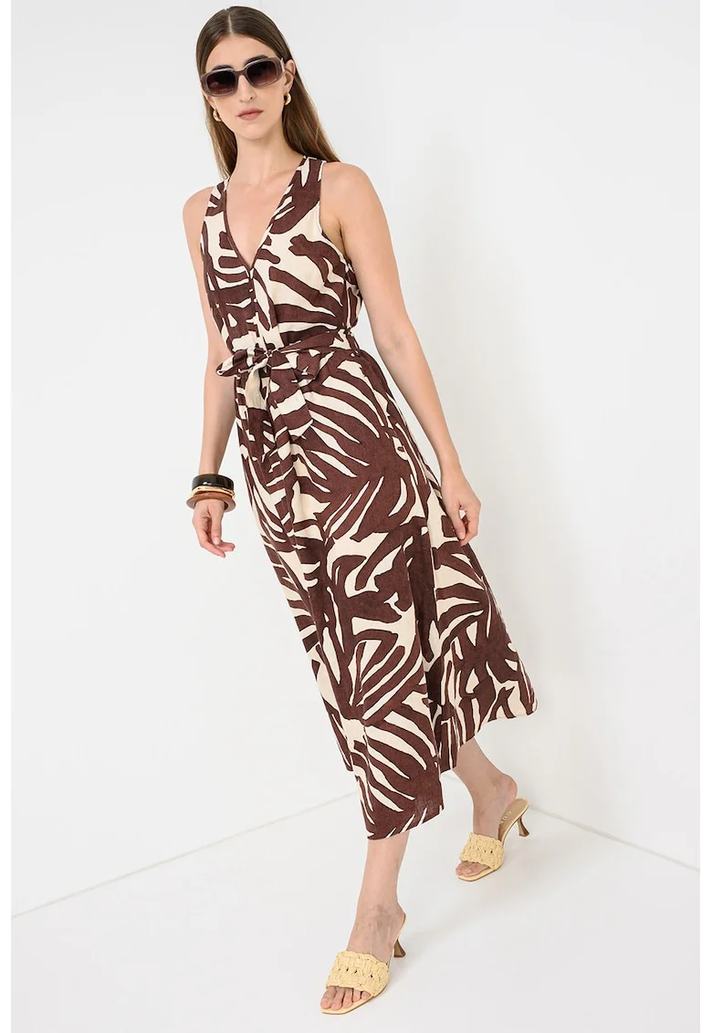 Rochie din in cu imprimeu grafic, Maro/Bej