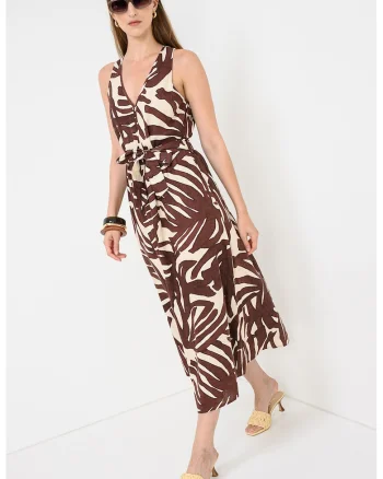Rochie din in cu imprimeu grafic, Maro/Bej