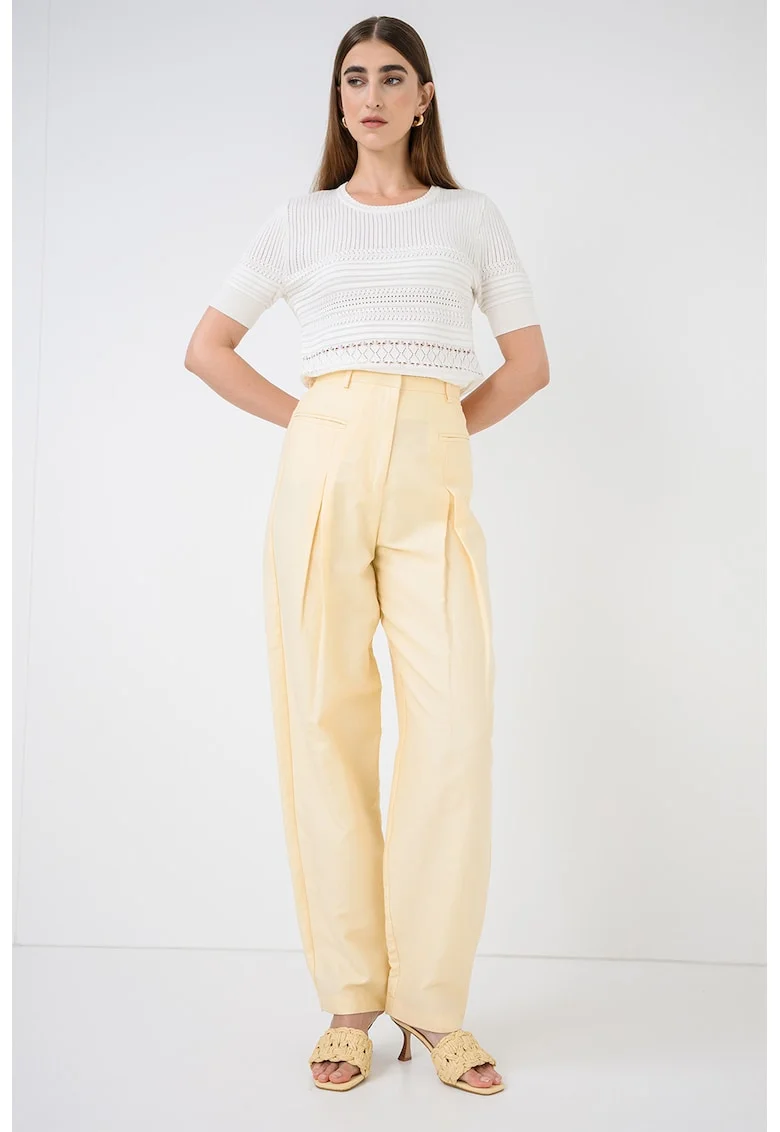 Pantaloni din in si bumbac cu talie inalta, Galben deschis