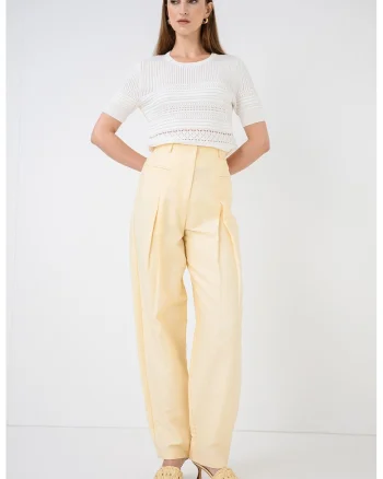 Pantaloni din in si bumbac cu talie inalta, Galben deschis