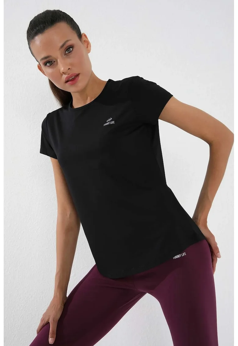 Tricou  femei, uni, negru, poliester cu elastan, maneca scurta