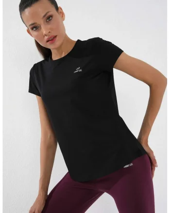 Tricou  femei, uni, negru, poliester cu elastan, maneca scurta