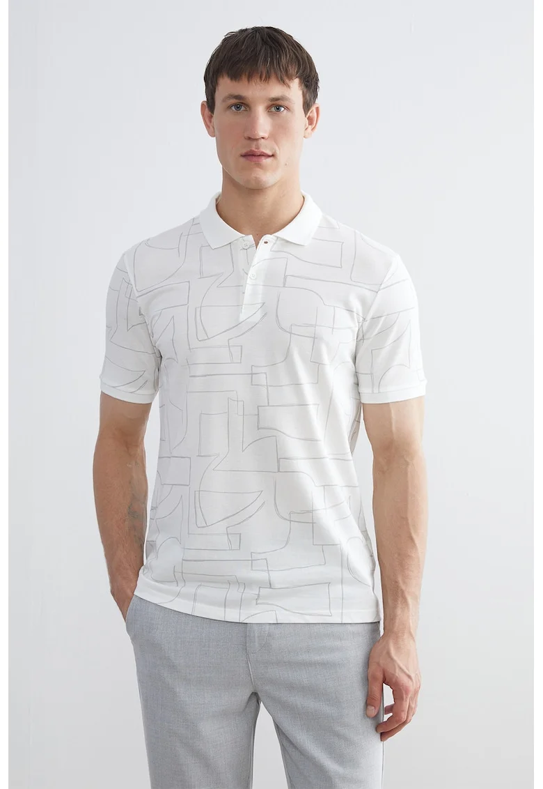 Tricou polo cu model grafic, Alb/Gri