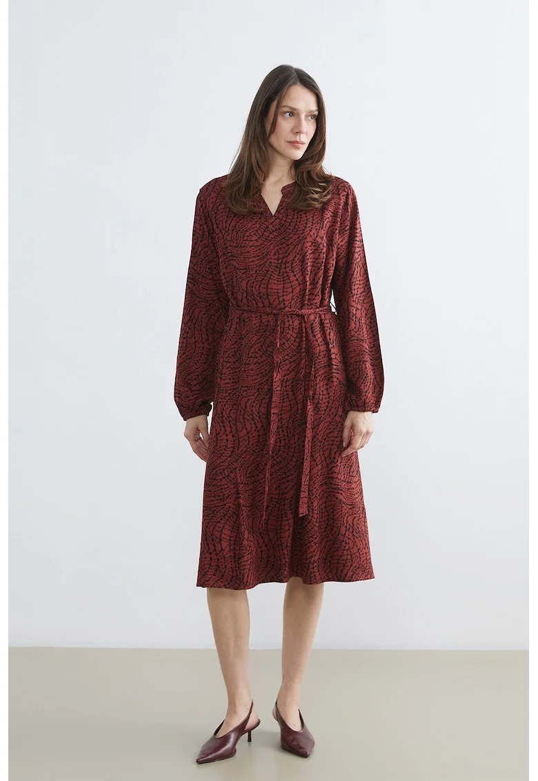 Rochie midi cu cordon in talie, Negru/Rosu inchis