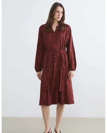 Rochie midi cu cordon in talie, Negru/Rosu inchis