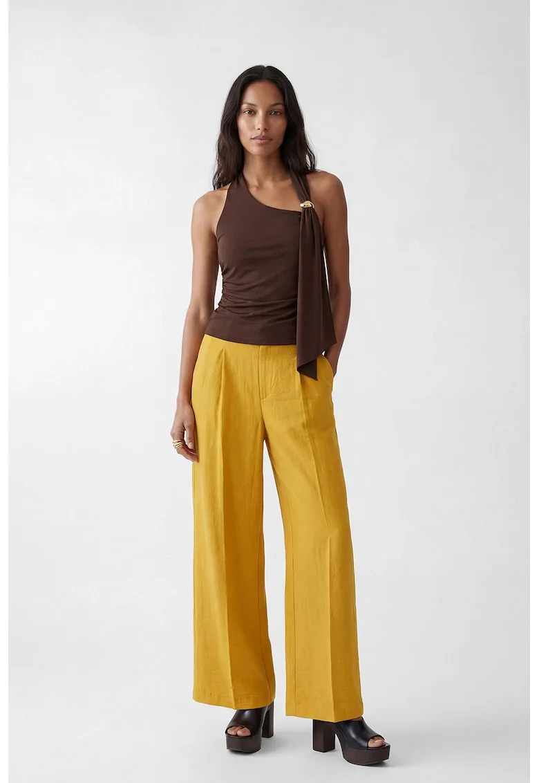Pantaloni cu talie medie, croiala dreapta si model uni, Galben miere