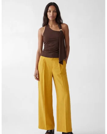 Pantaloni cu talie medie, croiala dreapta si model uni, Galben miere