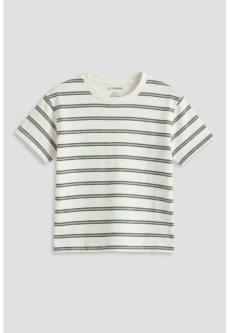 Tricou din bumbac cu decolteu la baza gatului si model in dungi, Alb/Verde masliniu inchis