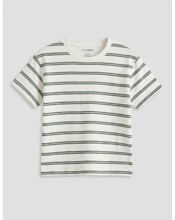 Tricou din bumbac cu decolteu la baza gatului si model in dungi, Alb/Verde masliniu inchis
