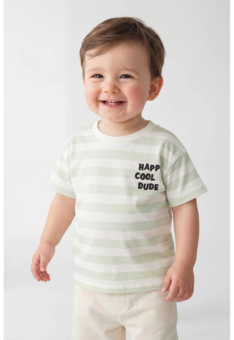 Tricou din bumbac cu model in dungi, Alb/Verde pastel