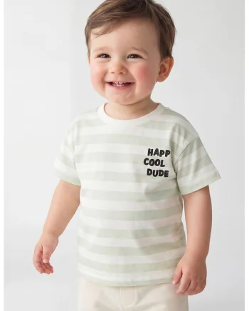 Tricou din bumbac cu model in dungi, Alb/Verde pastel