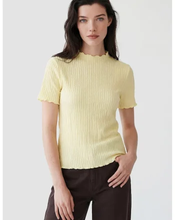 Tricou cu aspect striat si model uni, Galben deschis