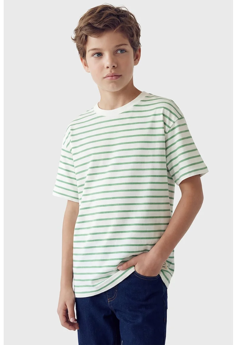 Tricou cu decolteu la baza gatului si model in dungi, Alb/Verde