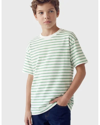 Tricou cu decolteu la baza gatului si model in dungi, Alb/Verde
