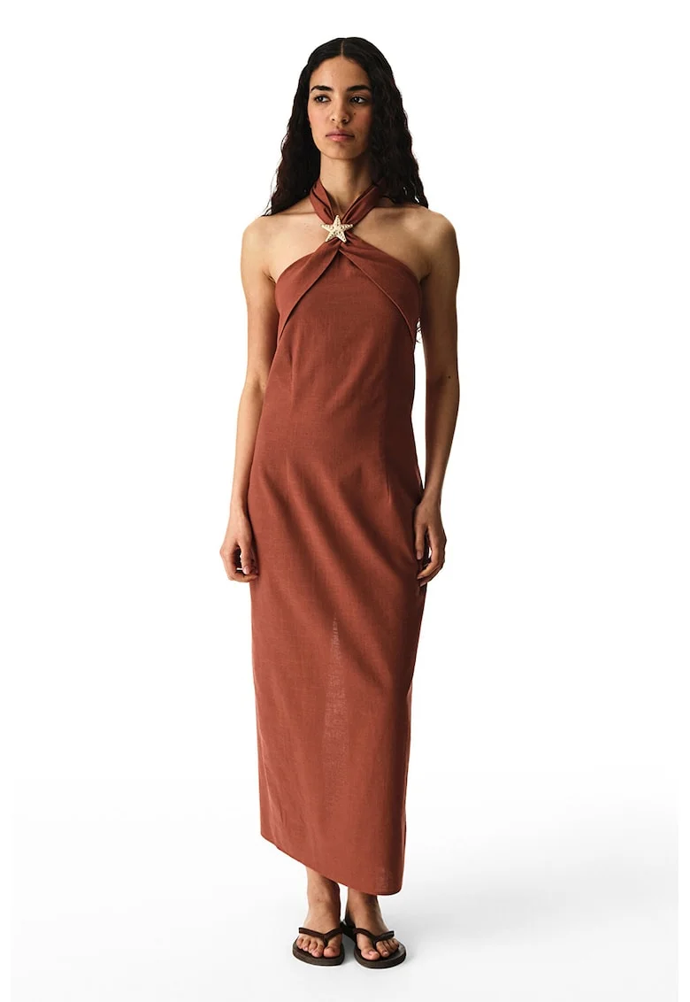 Rochie halter cu detaliu stea de mare, Maro cognac