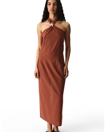 Rochie halter cu detaliu stea de mare, Maro cognac