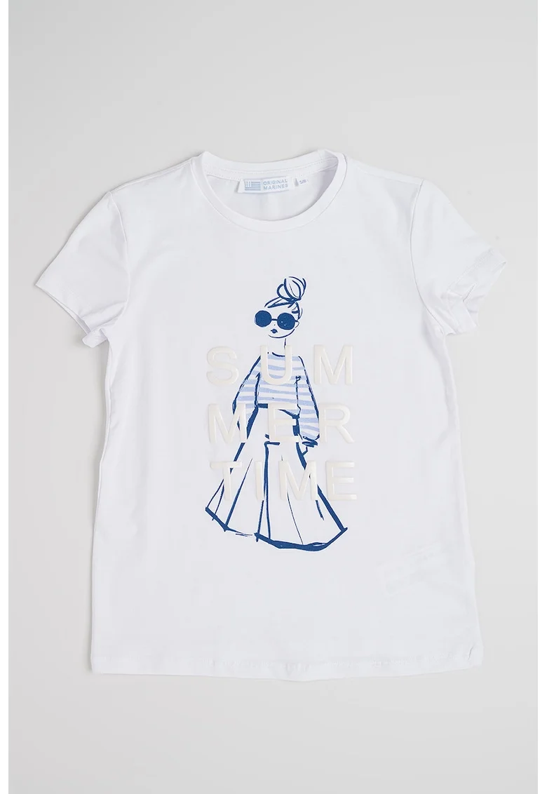 Tricou din amestec de bumbac cu imprimeu grafic, Alb/Bej/Bleumarin