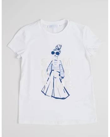 Tricou din amestec de bumbac cu imprimeu grafic, Alb/Bej/Bleumarin