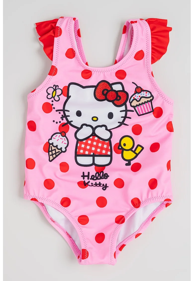 Costum de baie intreg cu model Hello Kitty si imprimeu buline, Rosu/Roz