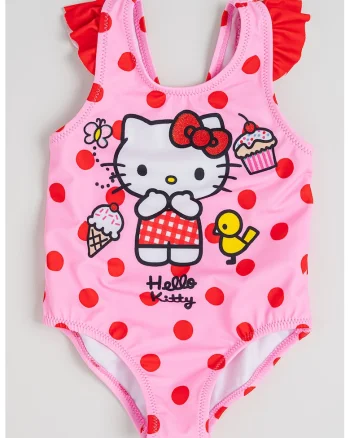 Costum de baie intreg cu model Hello Kitty si imprimeu buline, Rosu/Roz