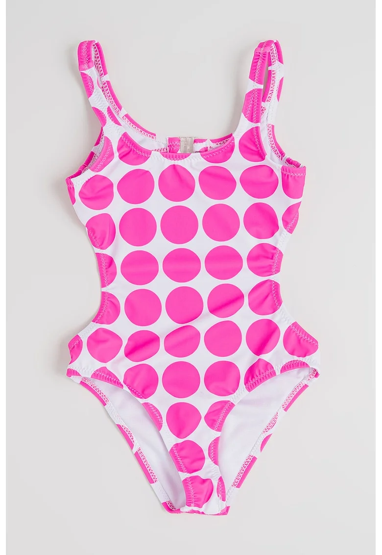 Costum de baie intreg cu decupaj pe partea din spate si model, Alb/Roz aprins