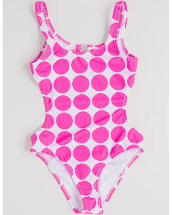 Costum de baie intreg cu decupaj pe partea din spate si model, Alb/Roz aprins