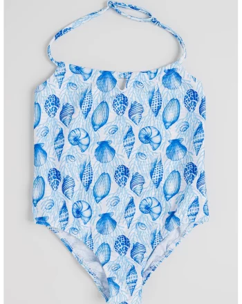 Costum de baie intreg cu imprimeu, Alb/Albastru deschis/Albastru