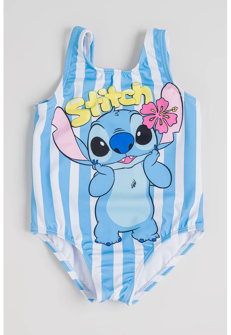 Costum de baie intreg cu imprimeu cu Stitch si dungi, Alb/Albastru pastel