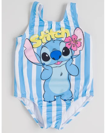 Costum de baie intreg cu imprimeu cu Stitch si dungi, Alb/Albastru pastel
