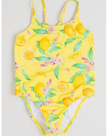 Costum de baie intreg cu model cu lamai, Verde/Galben