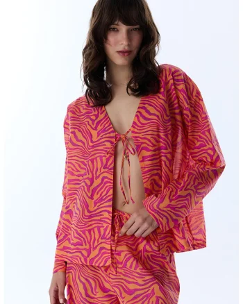 Pareo de bumbac cu model, Roz neon/Portocaliu mandarina
