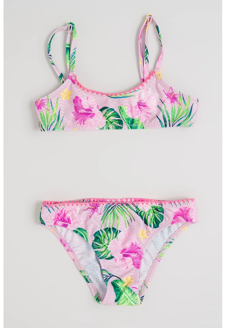 Costum de baie in doua piese cu model tropical, Verde neon/Roz deschis