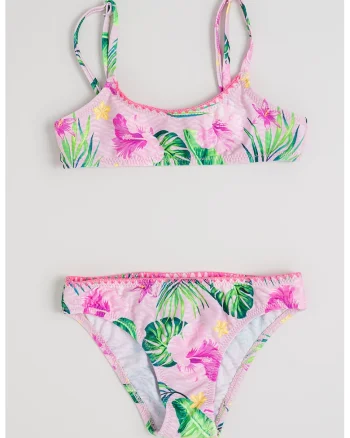 Costum de baie in doua piese cu model tropical, Verde neon/Roz deschis