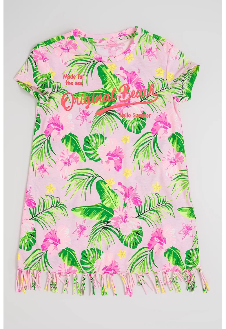 Rochie din bumbac cu imprimeu si franjuri, Verde neon/Roz deschis