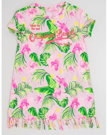 Rochie din bumbac cu imprimeu si franjuri, Verde neon/Roz deschis