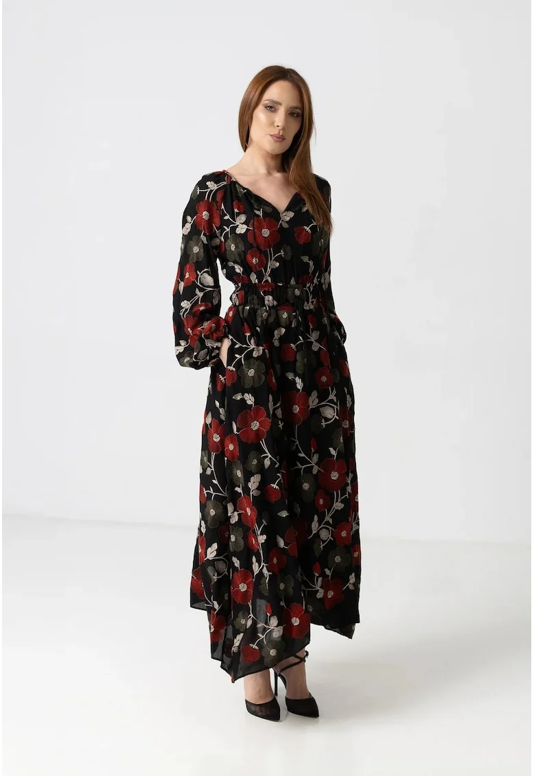 Rochie maxi cu model floral, Negru