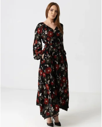 Rochie maxi cu model floral, Negru