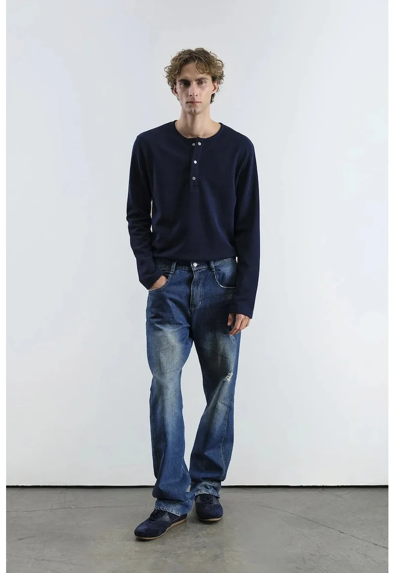 Bluza  cu maneca lunga si guler cu nasturi, albastru, elastic, poliester-viscoza, Bleumarin